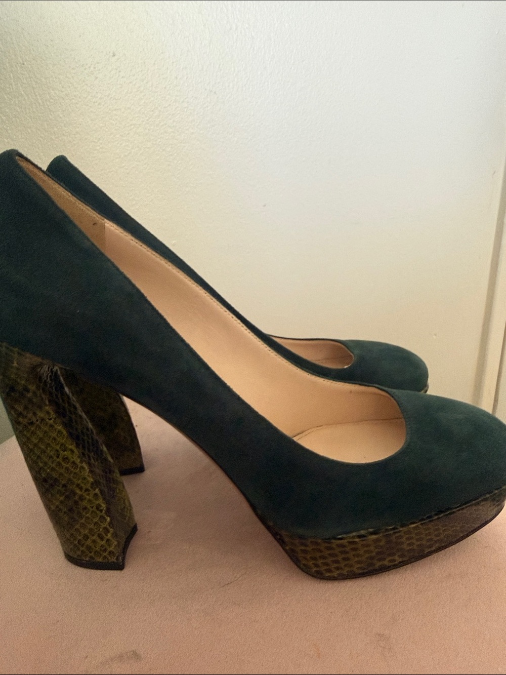 Prada Dark Green Suede Pumps with Olive Snake Textured Heel - Picture 2 of 8